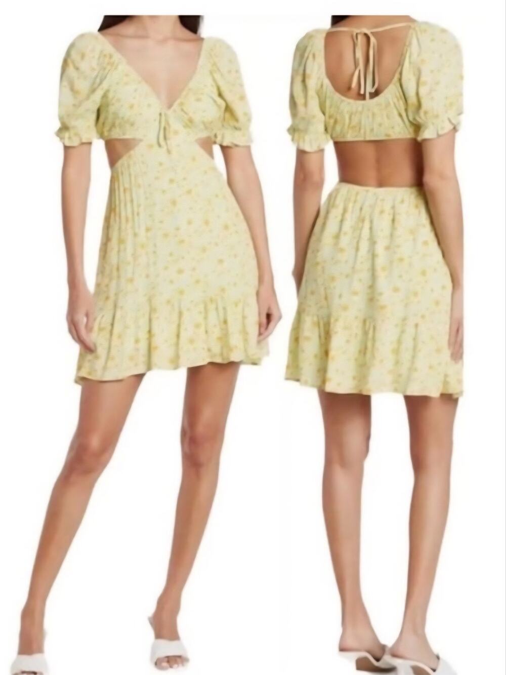 Sophie Rue Yellow Floral Print Cutout Puffed Sleeve Ruffle Hem Mini Dress Size S